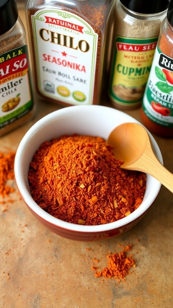 A bowl of chili seasoning mix with various spices on a rustic kitchen countertop.